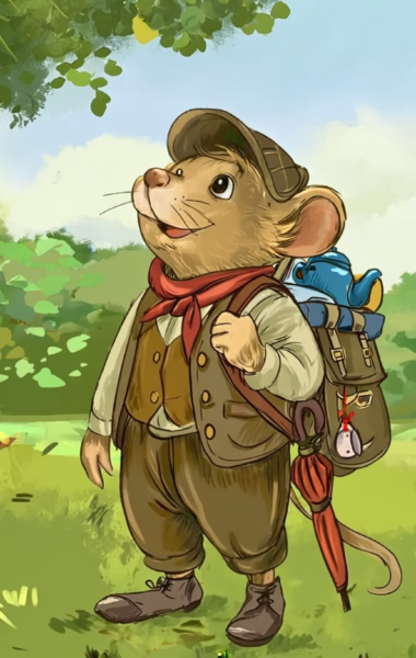 Kadr z filmu animowanego. Na łące pod drzewem stoi mysz w stroju podróżnika, z dużym plecakiem na plecach.