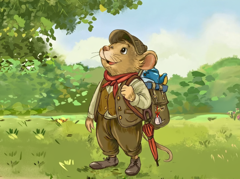 Kadr z filmu animowanego. Na łące pod drzewem stoi mysz w stroju podróżnika, z dużym plecakiem na plecach.