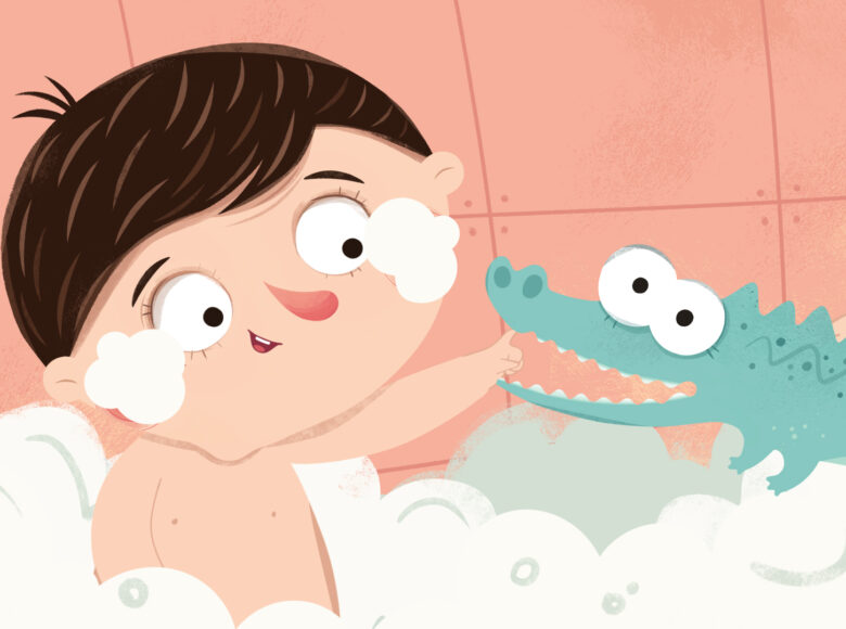 Kadr z filmu animowanego. W wannie kąpie się chłopczyk w towarzystwie małego krokodylka.