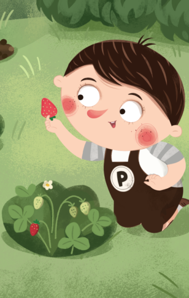 Kadr z filmu animowanego. W ogrodzie na trawie klęczy chłopczyk i zajada poziomki rosnące wokół niego.