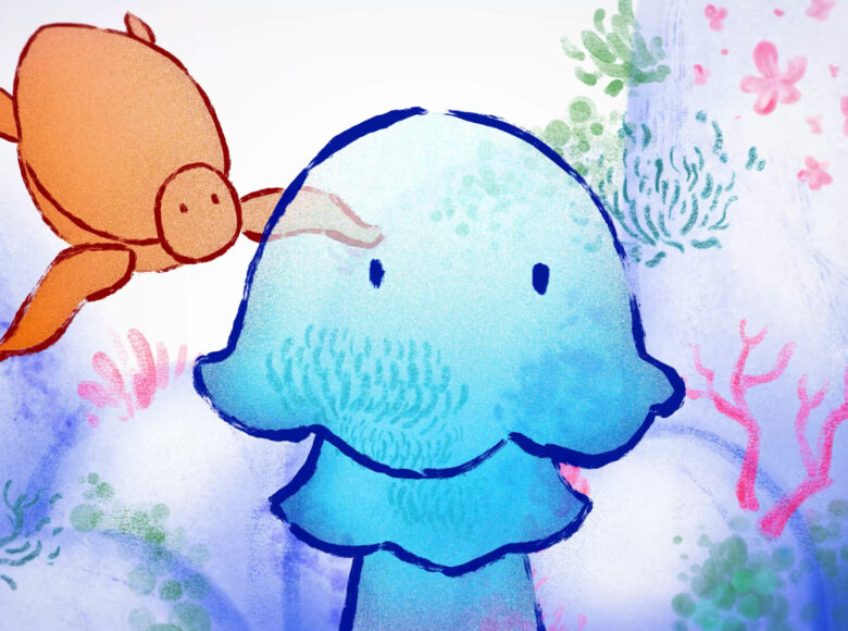 Kadr z filmu animowanego. Dno oceanu. Na pierwszym planie meduza. Podpływa do niej żółw. W tle rosną koralowce.