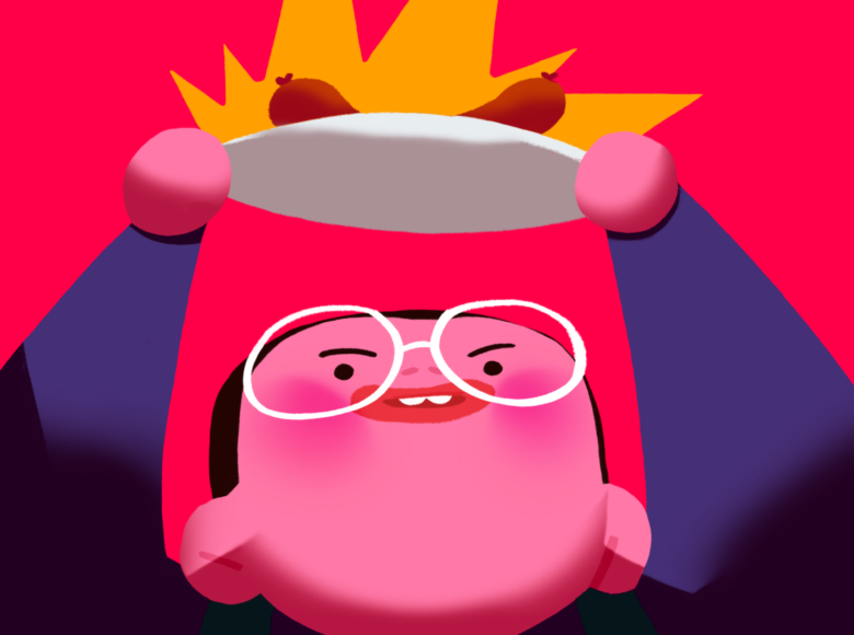 Kadr z filmu animowanego. Na pierwszym planie twarz chłopca w okularach. Za nim jaskrawe, czerwono fioletowe tło.