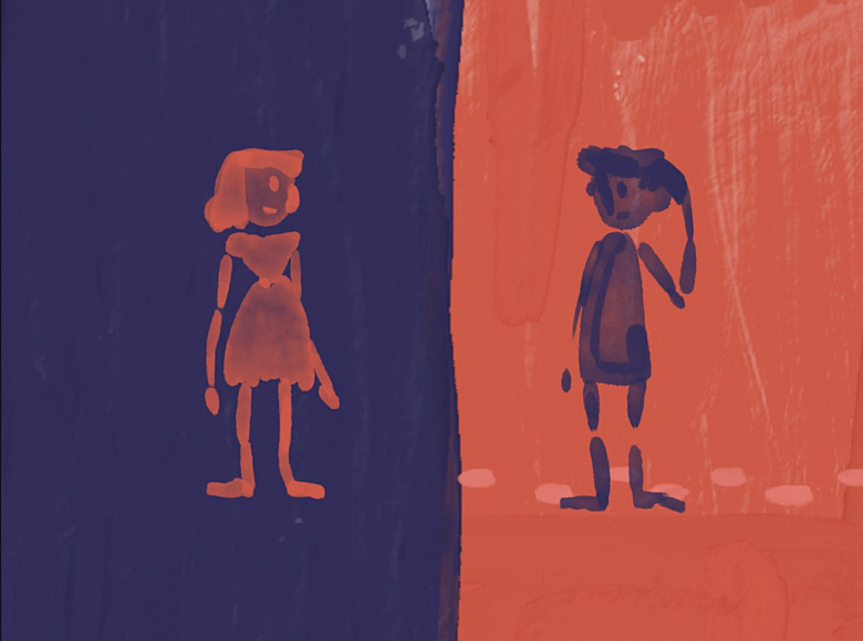 Kadr z filmu animowanego. Kadr podzielony jest pionowo na dwie równe części, niebieską i czerwoną. Na części niebieskiej namalowana jest czerwona postać dziewczyny. Na części czerwonej namalowana jest niebieska postać chłopaka. Obie postaci namalowane są plamami w uproszczony, schematyczny sposób.