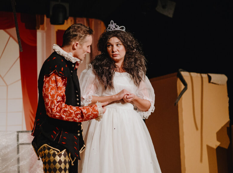 Przedstawienie teatralne. Na scenie kobieta i mężczyzna w strojach księżniczki i księcia, pogrążenie w rozmowie. Za nimi proste, schematyczne dekoracje sugerujące architekturę pałacu oraz duże tekturowe pudło o niewiadomym znaczeniu i funkcji.