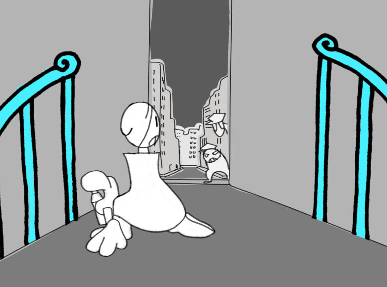 Kadr z filmu animowanego. Na pierwszym planie dwie postacie siedzące na podeście schodów. Za nimi widok na miejską ulicę, na której stoją przodem do nas dwie inne postacie. Wszystkie postacie przyglądają się sobie nawzajem.