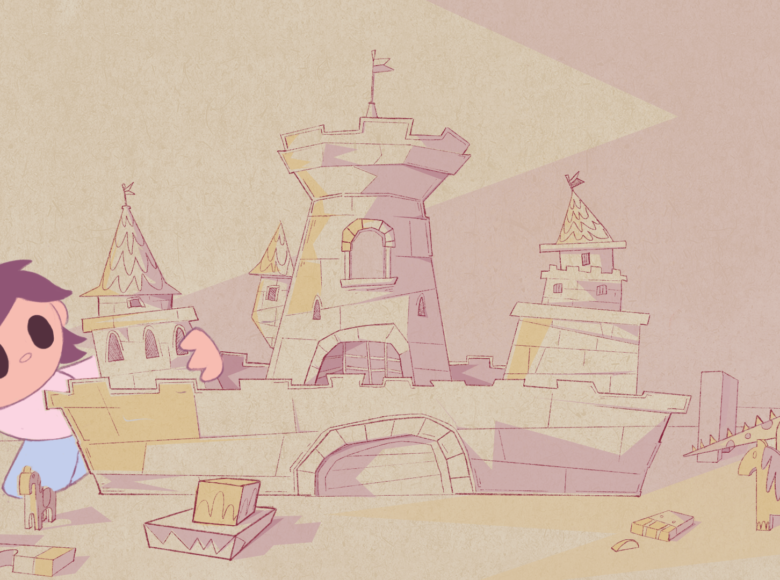 Kadr z filmu animowanego. Dziewczynka buduje zamek z klocków.