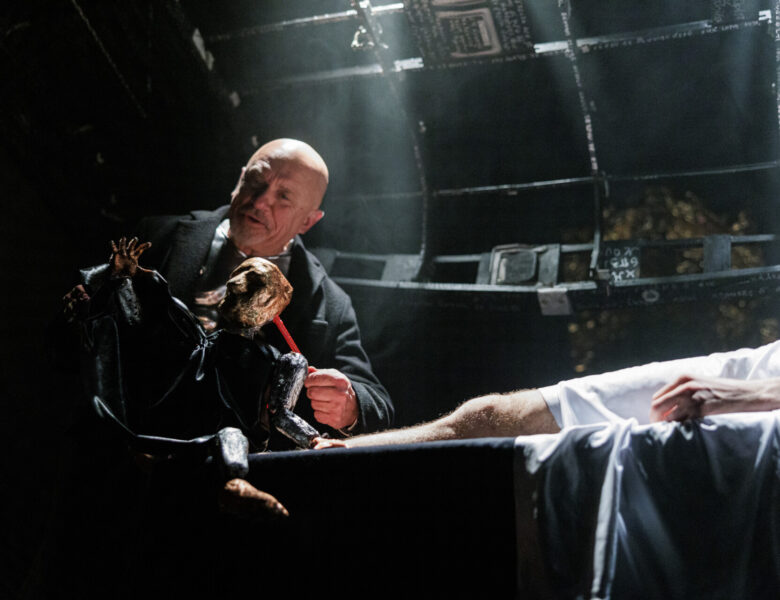 Spektakl teatralny. Na podwyższeniu leży mężczyzna. Jego ramiona i głowa znajdują się poza kadrem. Nogi mężczyzny od kolan w górę przykryte są białą tkaniną. Obok niego siedzi drugi mężczyzna i animuje lalkę teatralną, którą trzyma w dłoniach. Za nimi w ciemności fragment scenografii.