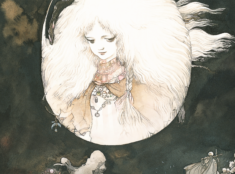 Kadr z filmu animowanego. Portret dziewczyny narysowany na ciemnym, zielonym tle. Dziewczyna ma białe, bujne, długie włosy, ubrana jest w bluzę i pelerynę i szal zamotany wokół szyi. Do tego ma na sobie kilka ozdobnych naszyjników.