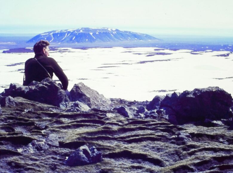 Kamienisty brzeg oceanu. Na jednym z kamieni, tyłem do nas siedzi mężczyzna i patrzy przed siebie na ocean. Na dalszym planie widzimy wierzchołek skały wystający z oceanu.