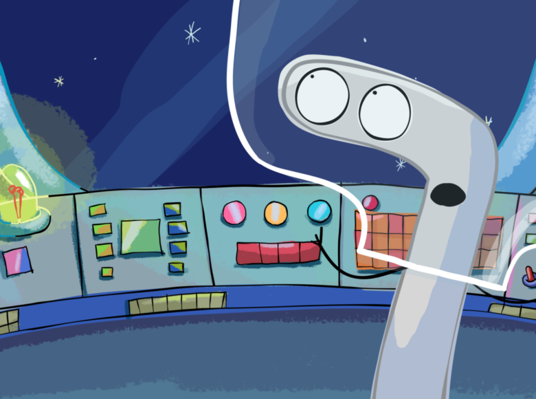 Kadr z filmu animowanego. W kabinie rakiety kosmicznej, na tle pulpitu sterowania stoi fantastyczna postać o kształcie odwróconej litery L. Na głowie ma przezroczysty, wielki kask. Za plecami postaci nad pulpitem sterowania widzimy okno, a przez nie ciemne, niebieskie niebo z gwiazdami.