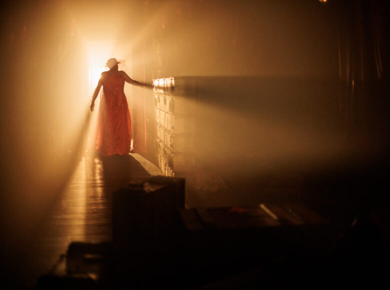 Ciemny korytarz z jasnym oknem na końcu. Pod oknem tyłem do nas stoi postać w długiej sukience.