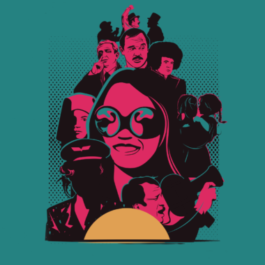 Grafika. Na środku zielonego tła kompozycja złożona z portretów. Są to portrety postaci filmowych. Narysowane są na czerwono.