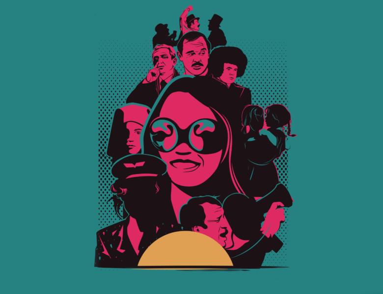 Grafika. Na środku zielonego tła kompozycja złożona z portretów. Są to portrety postaci filmowych. Narysowane są na czerwono.