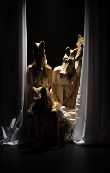 Przedstawienie teatralne. Mrok. Na środku sceny kilka kobiet, zgrupowanych blisko siebie. Kobiety mają na głowach maski zwierząt, a ubrane są w jasne suknie w stylu antycznym. Kobiety oświetlone są delikatnym, punktowym światłem. Dookoła panuje czarna ciemność.