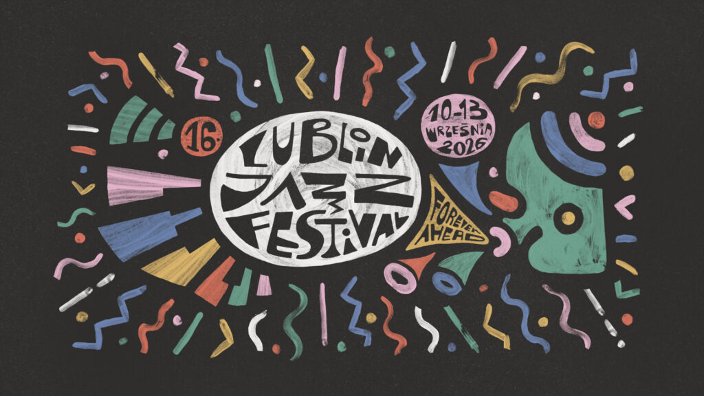 Grafika. Na czarnym tle szlaczki w żywych kolorach i napisy informacyjne na temat festiwalu: "Lublin Jazz Festival".