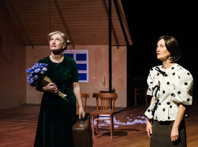 Przedstawienie teatralne. Na scenie stoją dwie kobiety.