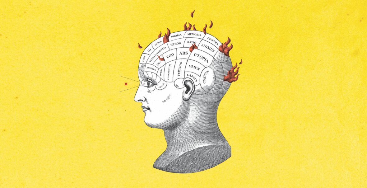Grafika pozioma z żółtym lekko fakturowanym tłem. W centrum znajduje się czarno-biała ilustracja ludzkiej głowy z profilu, zwróconej w lewo. Głowa przypomina antyczną rzeźbę lub rycinę, a jej czaszka została przedstawiona jako przekrój mózgu podzielonego na liczne pola. W polach widoczne są łacińskie słowa, na przykład: Memoria, Error, Ratio, Corpus, Utopia i Morbus. Z różnych miejsc głowy wydobywają się czerwone płomienie.