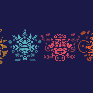 Kolorowa grafika. Na czarnym tle ornamenty w stylu ludowych wycinanek, w kolorach żółtym, niebieskim, czerwonym i pomarańczowym.