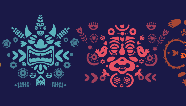 Kolorowa grafika. Na czarnym tle ornamenty w stylu ludowych wycinanek, w kolorach żółtym, niebieskim, czerwonym i pomarańczowym.