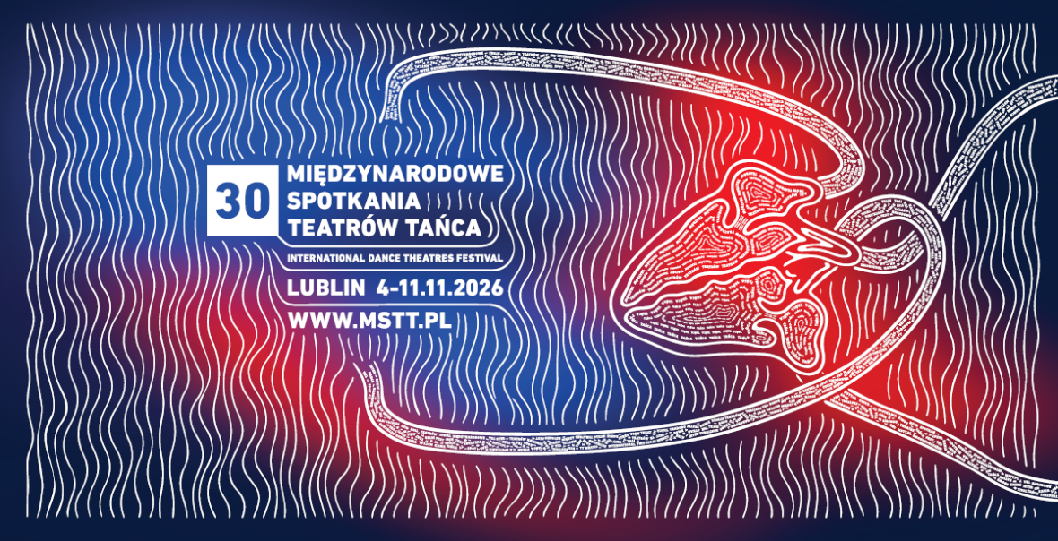 Plakat Międzynarodowych Spotkań Teatrów Tańca. Na niebiesko czerwonym tle nadrukowane białe napisy informacyjne i białe, delikatne, linearne ornamenty.