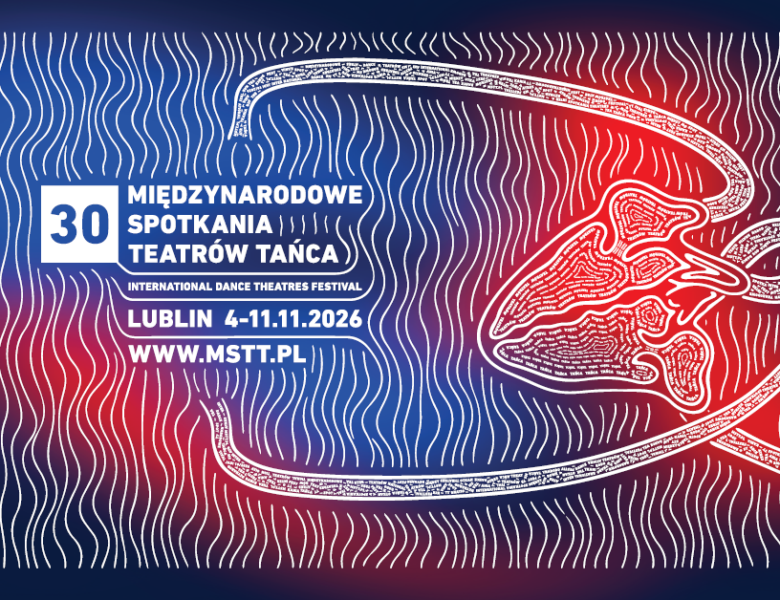 Plakat Międzynarodowych Spotkań Teatrów Tańca. Na niebiesko czerwonym tle nadrukowane białe napisy informacyjne i białe, delikatne, linearne ornamenty.
